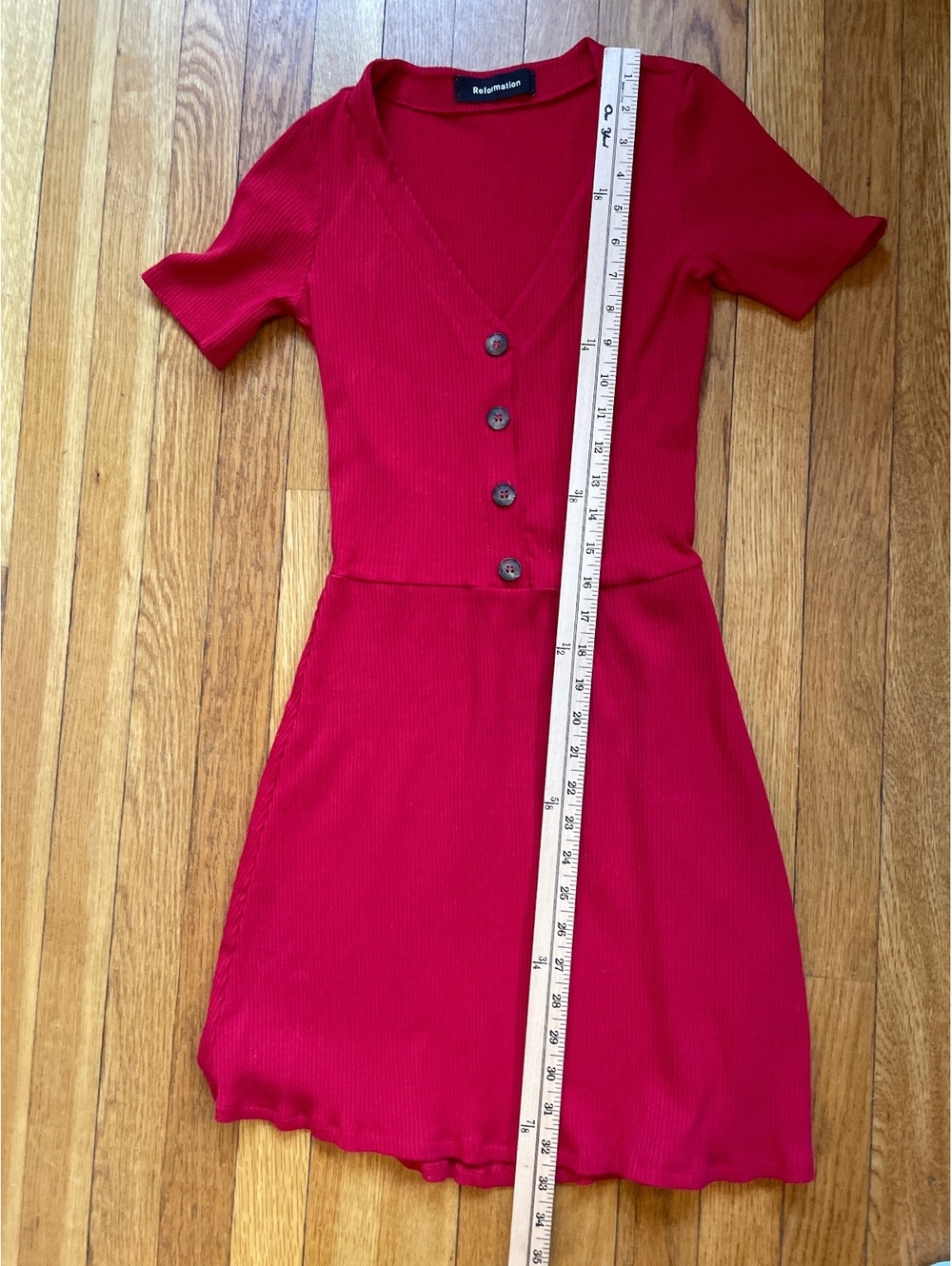 Reformation Red Ribbed Button Front V-Neck Mini Dress Short Sleeve Tencel Size S - Picture 8 of 8